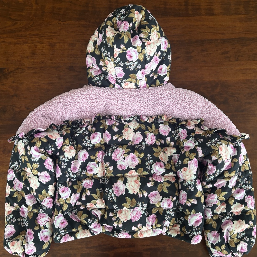 For Love And Lemons Floral Puffer Jacket Sherpa Accents - Picture 3 of 4